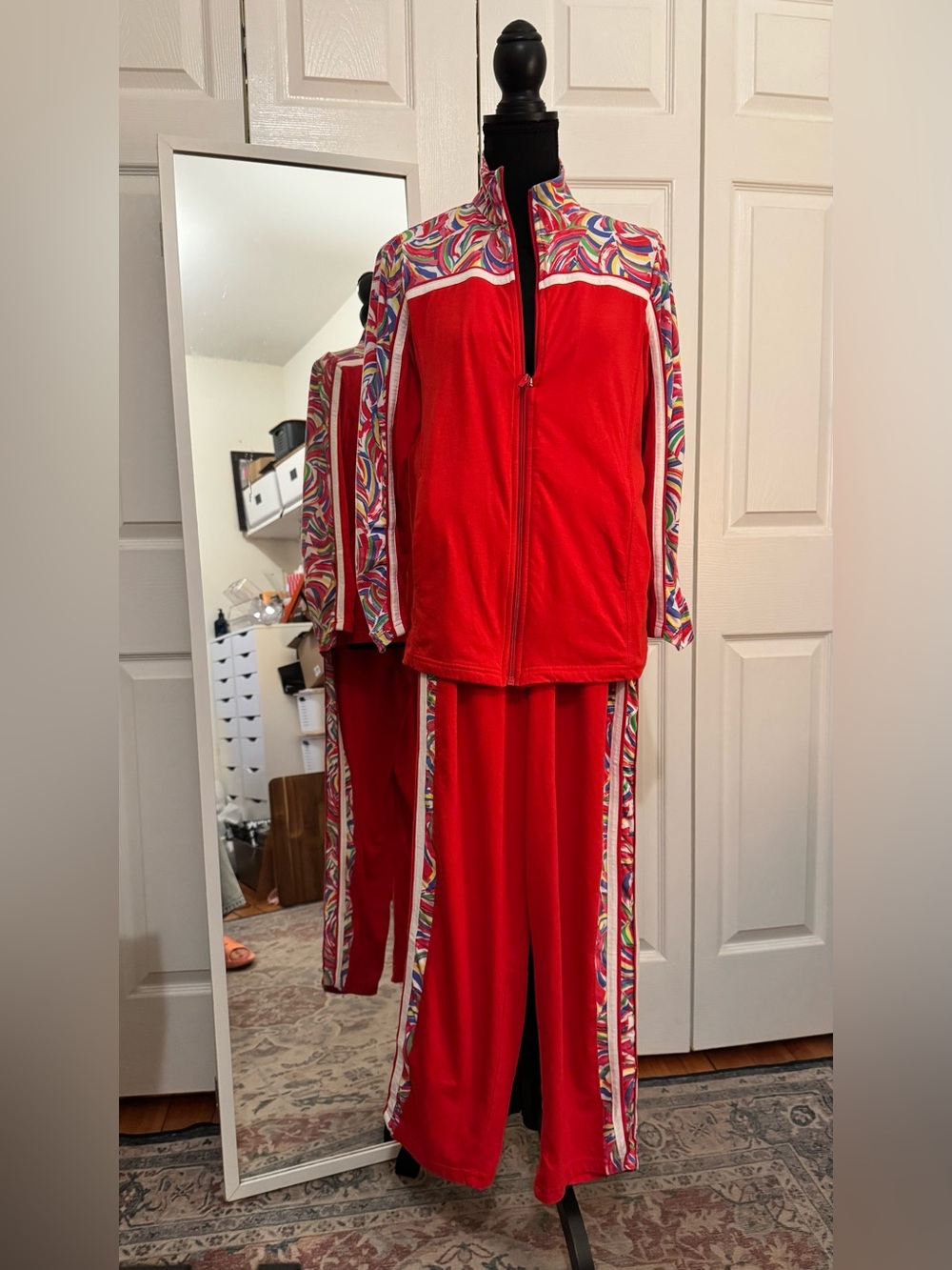 Women's Vintage Red Track Jacket & Joggers with Multicolor Trim